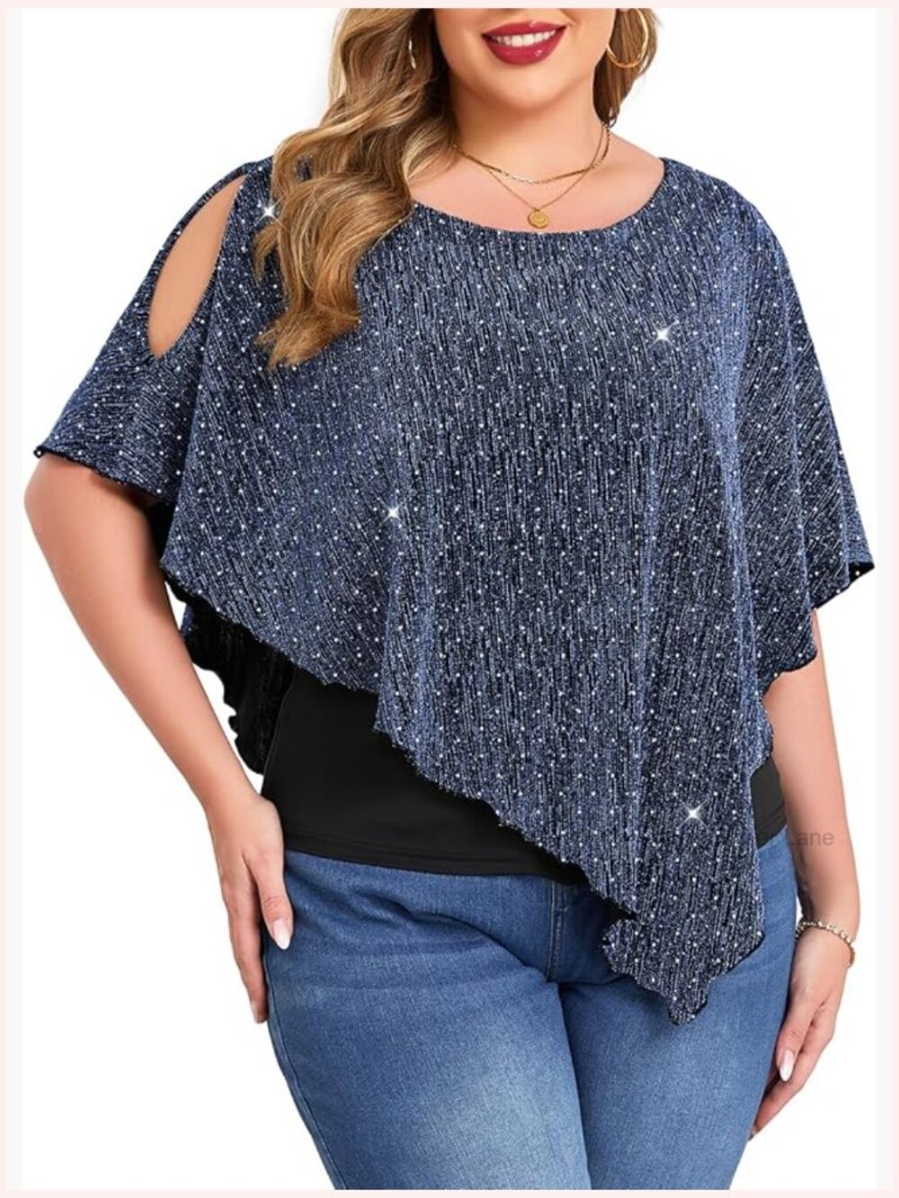 Plus Size Sparkly Cape Top Asymmetrical Hem Rhinestone Blouse Party Shirt